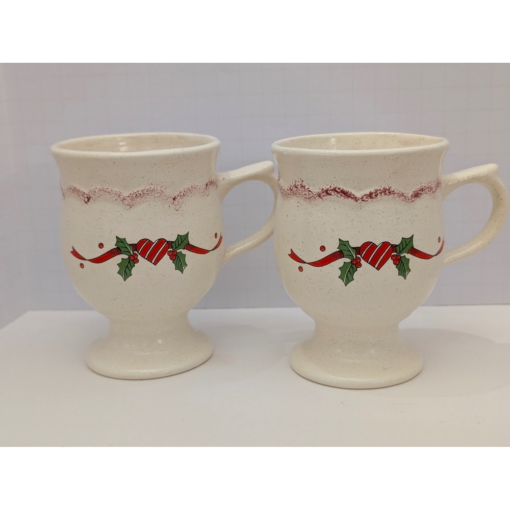 Vintage 1997 Hand Painted Christmas Pedestal Mugs Set of 2 Heart Holly Speckled
